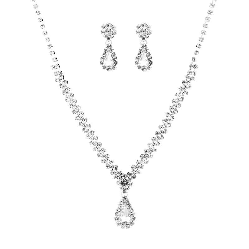 Women's claw chain necklace and earrings set with water drop rhinestones in blue colour option
