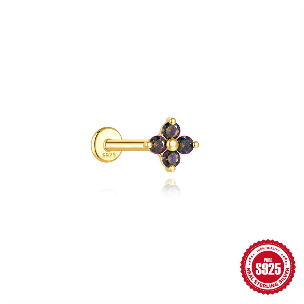 S925 sterling silver piercing earrings with rainbow stone flat head thread in gold colours