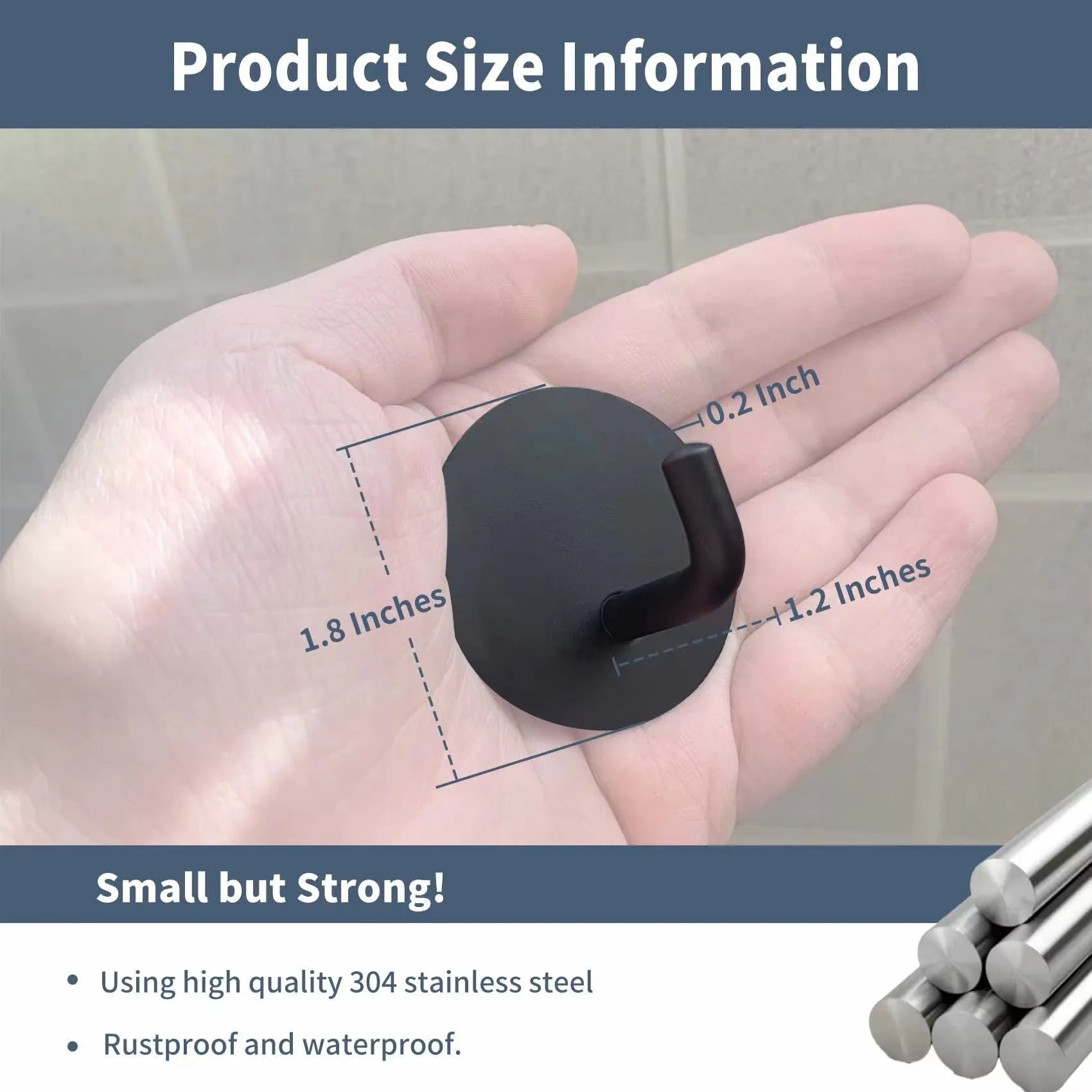 Two stainless steel self-adhesive hooks on a surface, one black and one polished.