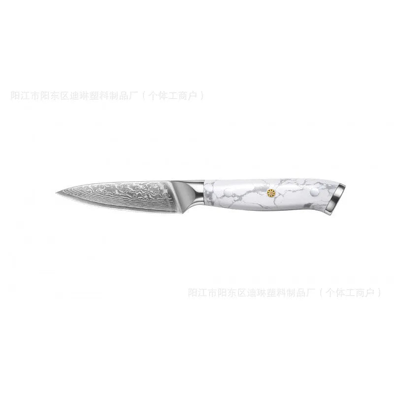 Damascus style combined chef's knife with VG10 steel blade, 21cm blade length on a wooden surface.