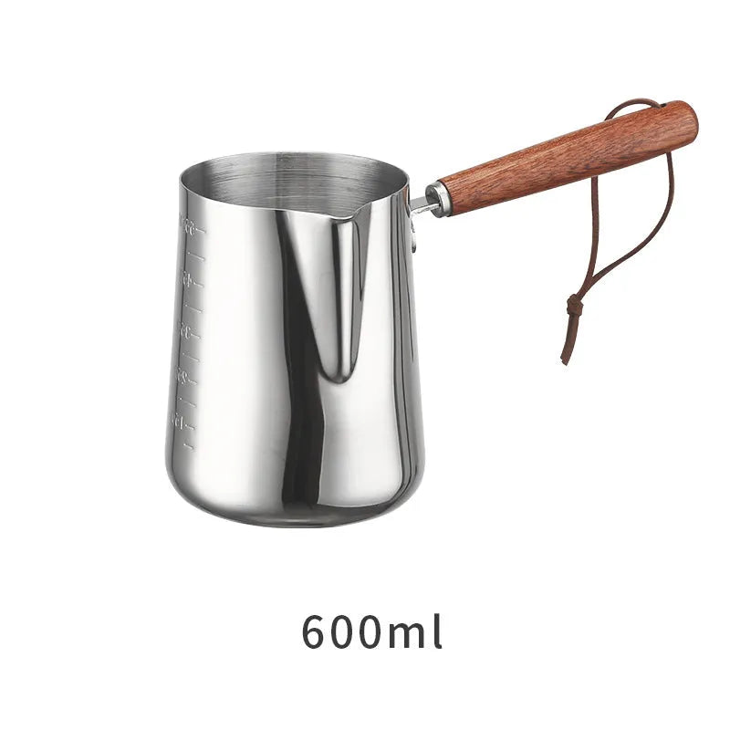Stainless steel coffee cup with wooden handle and garland design in three capacity options