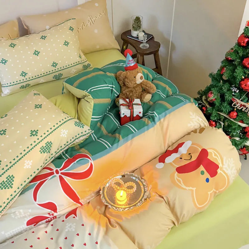 Cartoon printed super soft washed cotton chemical fibre four-piece bedding set on a bed.