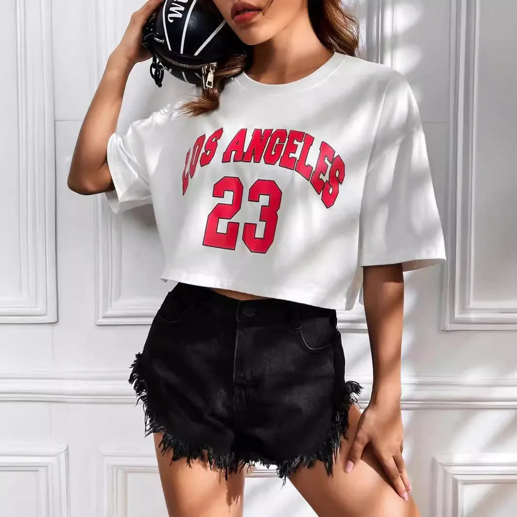 Black loose fit cotton t-shirt with printed white English letters and a navel exposed style.