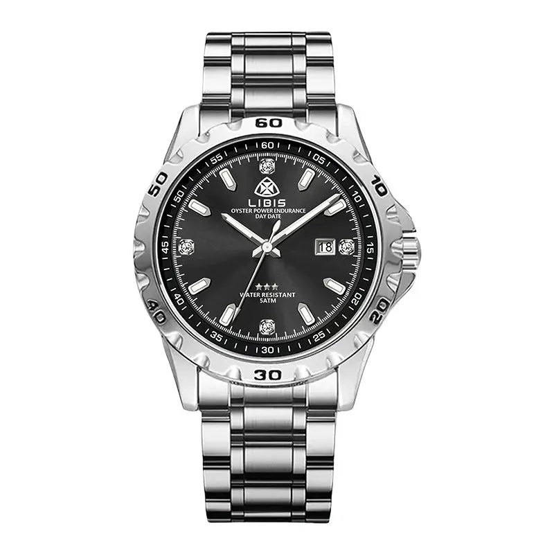 Men's silver case business watch with stainless steel strap and luminous markers on black or grey dial