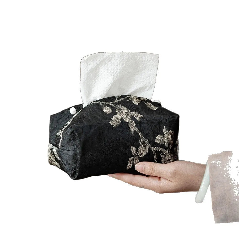 New Chinese style brocade fabric tissue box cover with white plum embroidery.