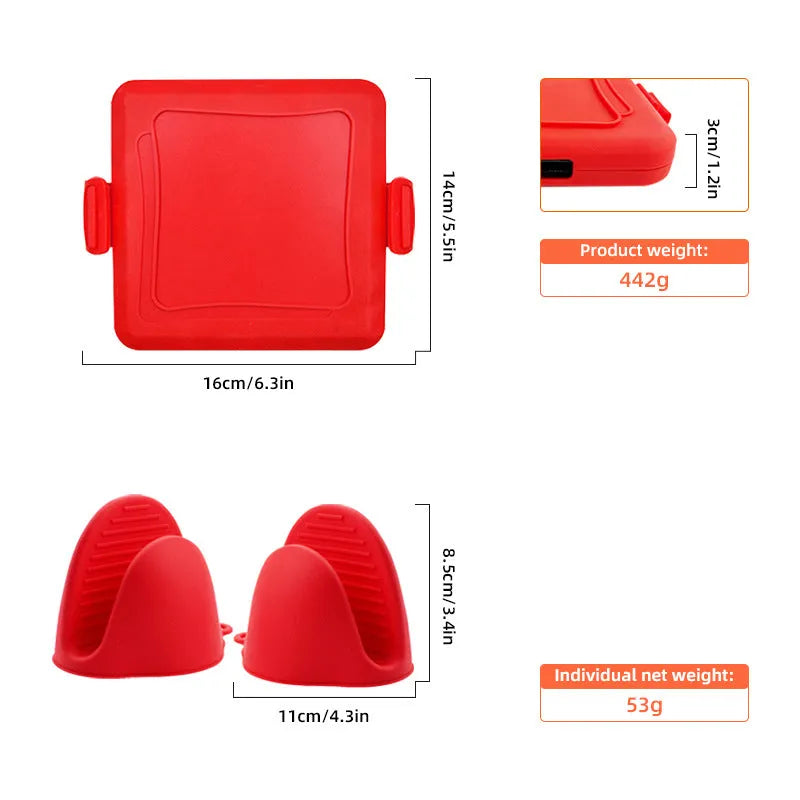 Red silicone baking tray and matching anti-scald gloves set on a kitchen counter.