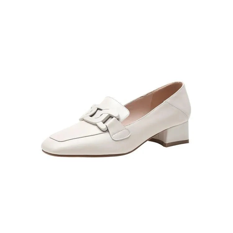 Women's British style chunky heel pumps loafer in beige solid colour, square toe, one-pedal design