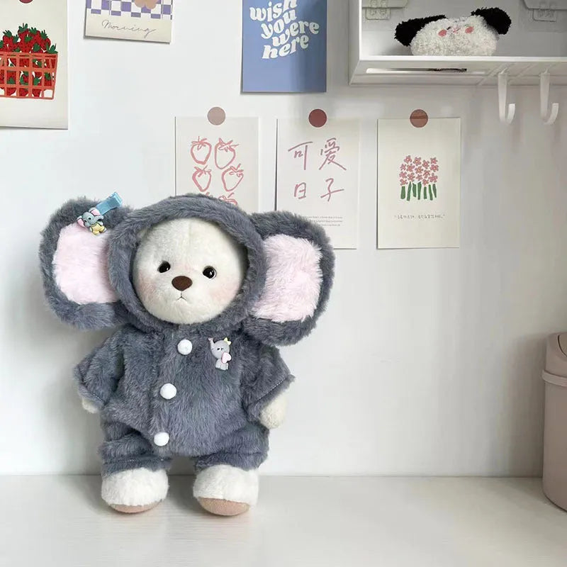 Grey elephant patterned plush jumpsuit for a 30cm teddy bear doll.