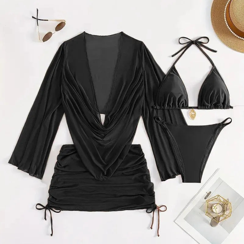 Women's lace-up bikini set in dark brown or black with sleeveless top and briefs