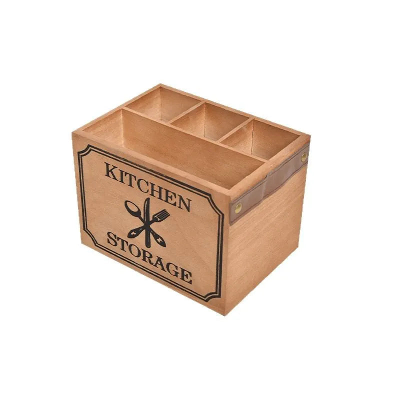 Wooden kitchen storage box with grid dividers for knives forks chopsticks