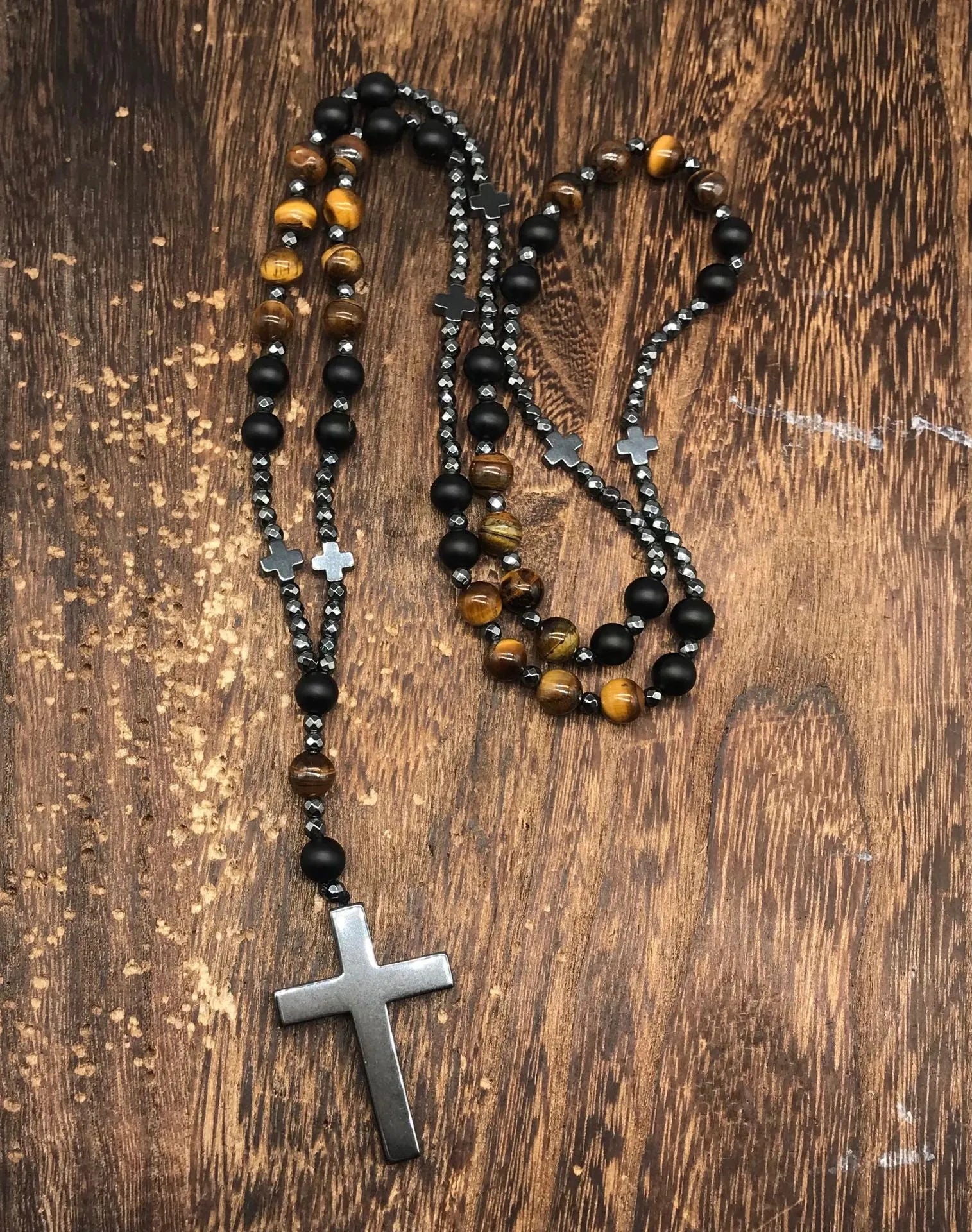 Men's stone cross pendant necklace on ball bead chain with safety lock clasp