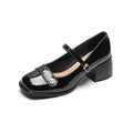 Women's apricot patent leather chunky heel pumps with a square toe and front buckle fastening.