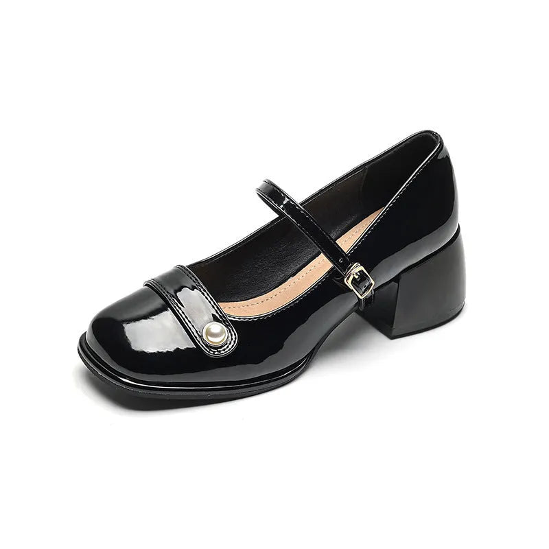Women's apricot patent leather chunky heel pumps with a square toe and front buckle fastening.