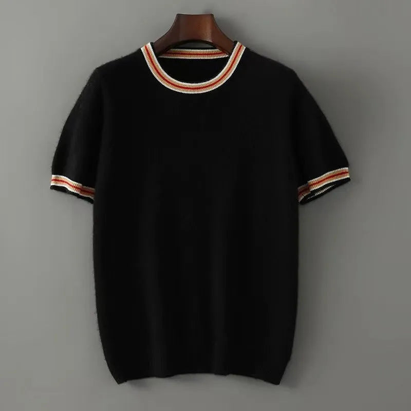 Men's short sleeve pure wool sweater in round neck pullover style shown in grey