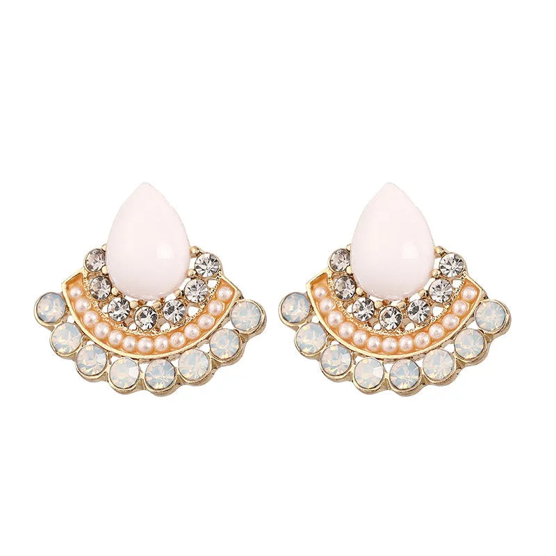 Women's silver geometric fan-shaped drop earrings with a central opal rhinestone.