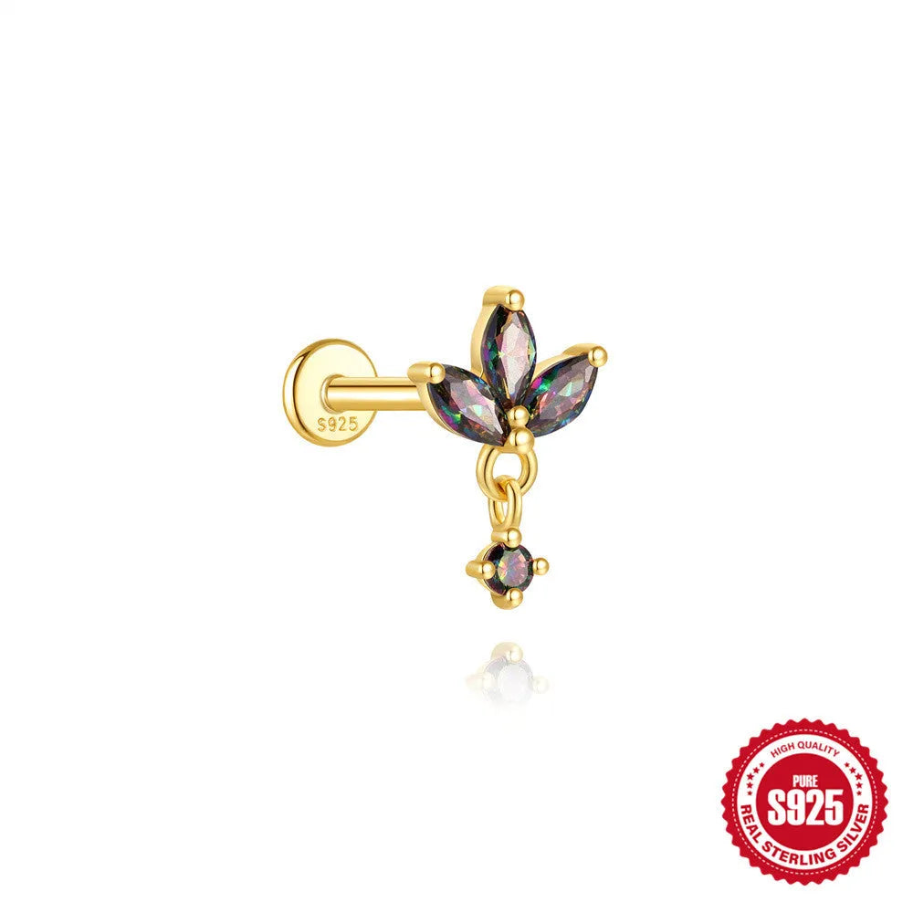 S925 sterling silver piercing earrings with rainbow stone flat head thread in gold colours