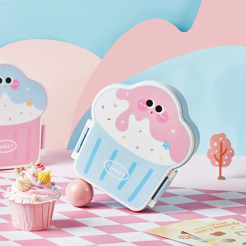 Pink and blue creative ice cream shaped plastic lunch box with spoon and fork set