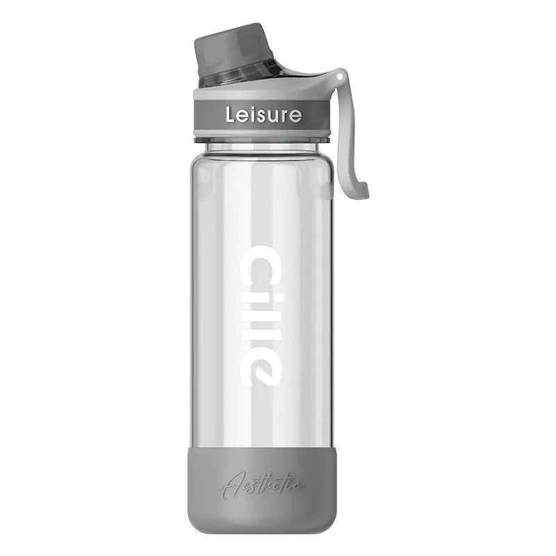 Portable cup with plastic straw in grey, green or pink with cartoon pattern design
