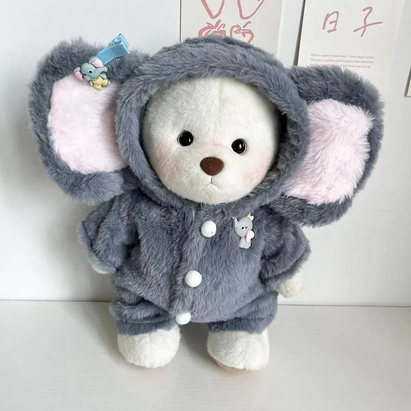 Grey elephant patterned plush jumpsuit for a 30cm teddy bear doll.
