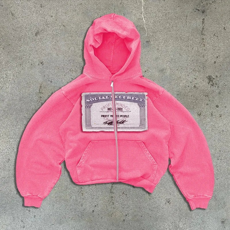Unisex black hooded jacket with white letter print pattern and zipper pockets