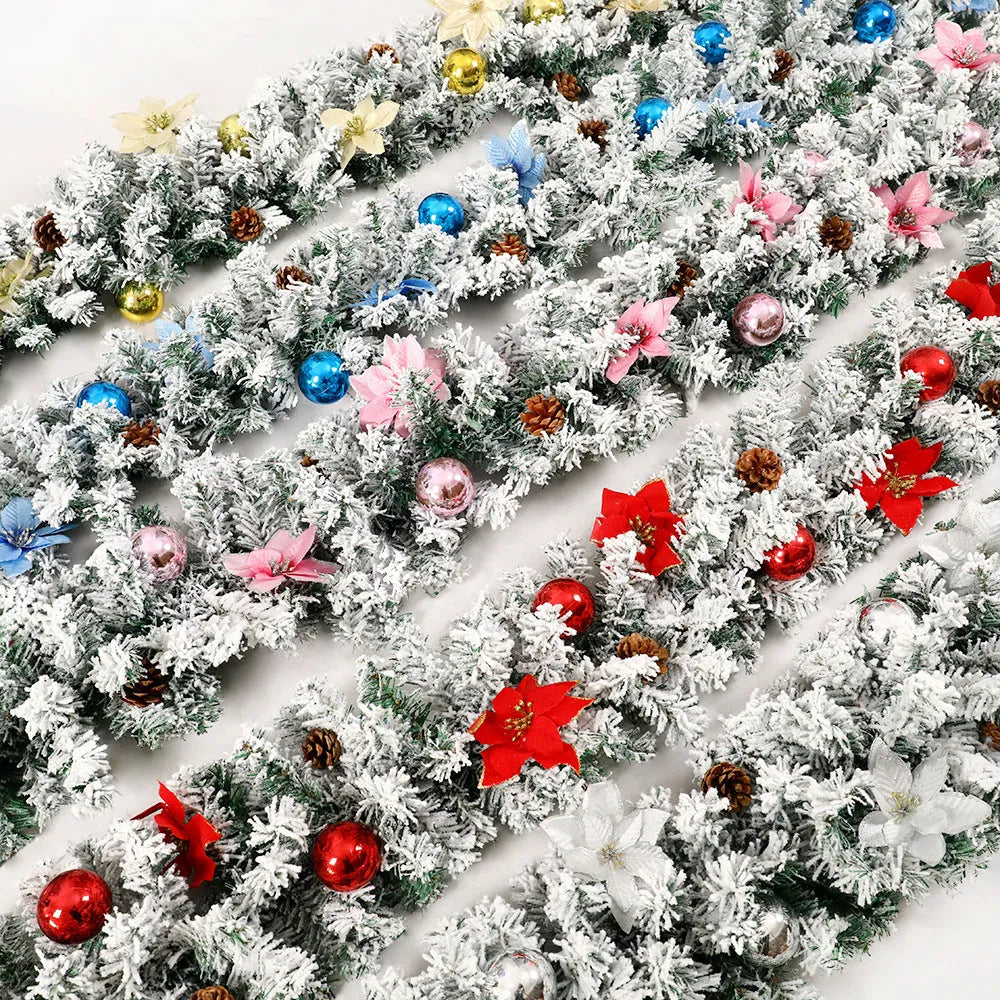240cm artificial rattan Christmas garland with flocking decoration in golden colour