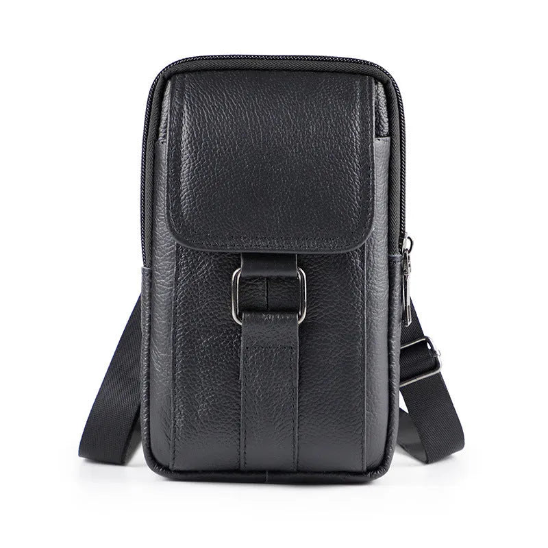 Men's black genuine leather belt crossbody waist bag with lock detail and urban style