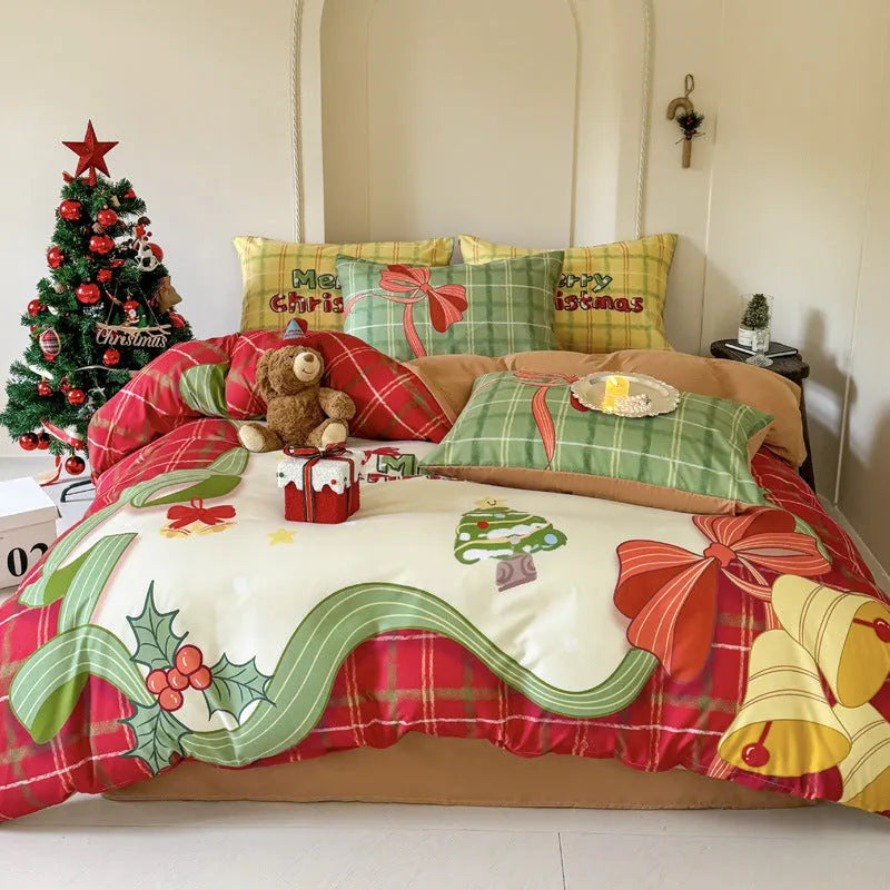 Cartoon printed super soft washed cotton chemical fibre four-piece bedding set on a bed.