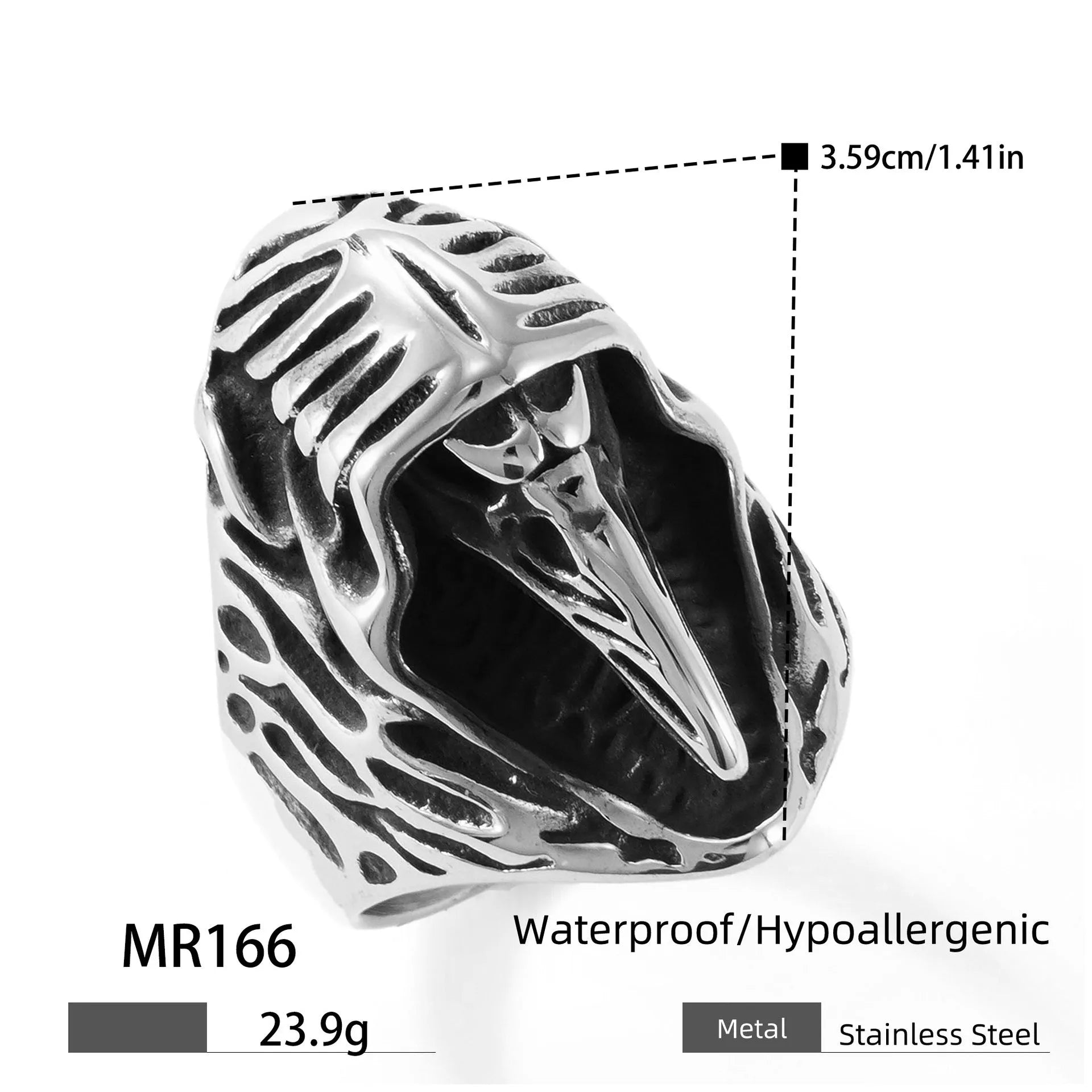Crow design geometric stainless steel punk ring in MR166 colour on a grey background.