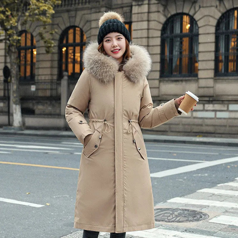 Women's long white cotton-padded fleece trench coat with down cotton filler, shown in elegant style.