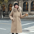 Women's long white cotton-padded fleece trench coat with down cotton filler, shown in elegant style.