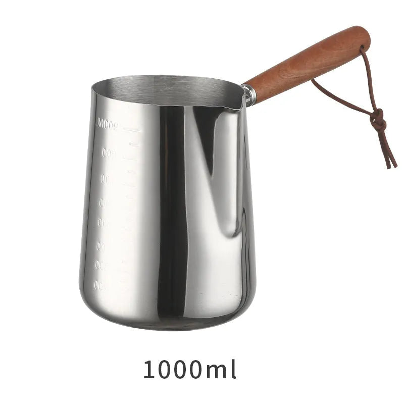 Stainless steel coffee cup with wooden handle and garland design in three capacity options