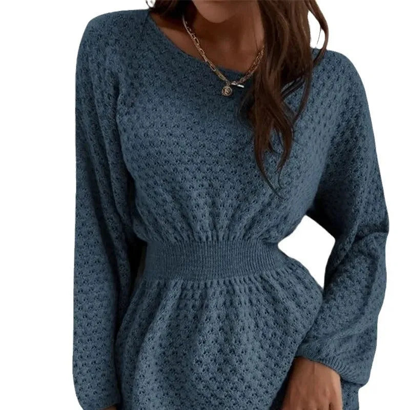 Blue women's knitted dress with hand-crocheted flower decoration and fitted waist design