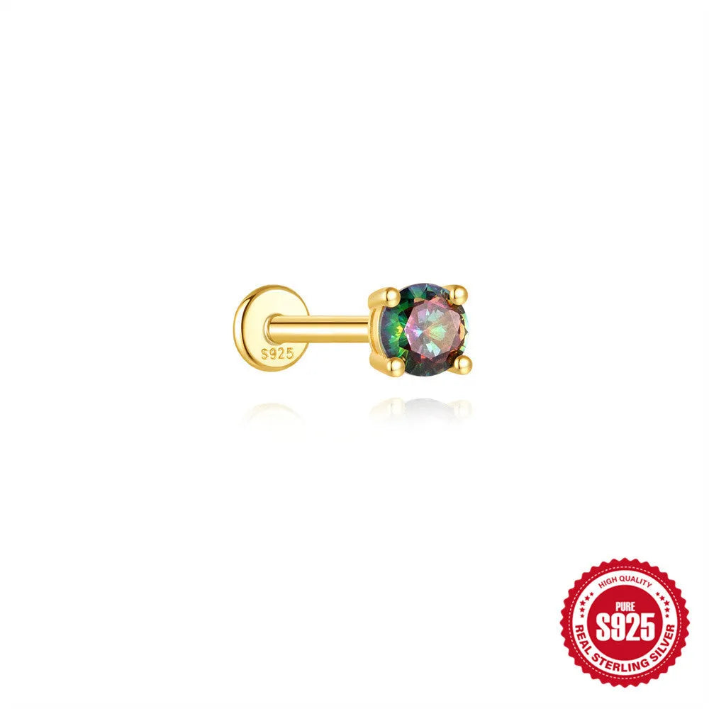 S925 sterling silver piercing earrings with rainbow stone flat head thread in gold colours