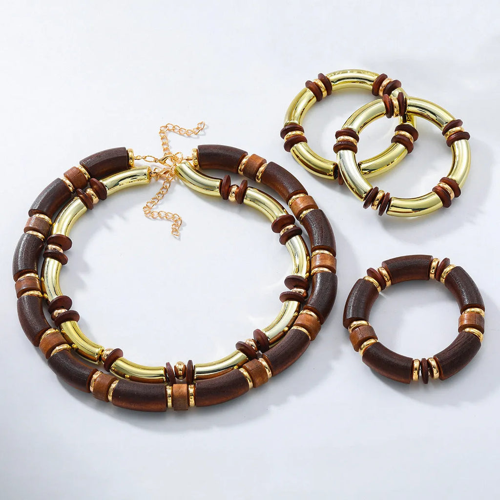Women's multi-layer wooden and alloy necklace and bracelet jewellery set