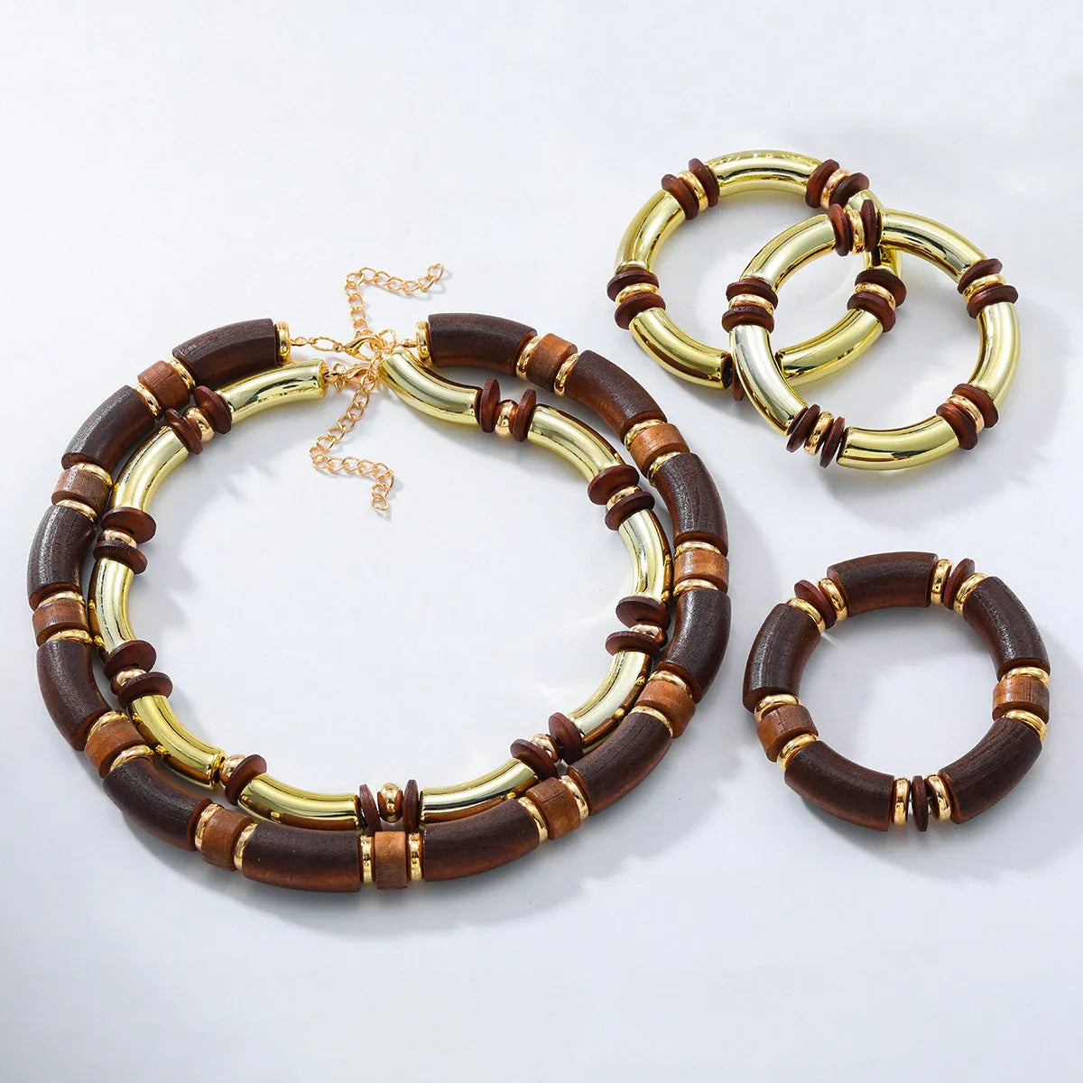 Women's multi-layer wooden and alloy necklace and bracelet jewellery set