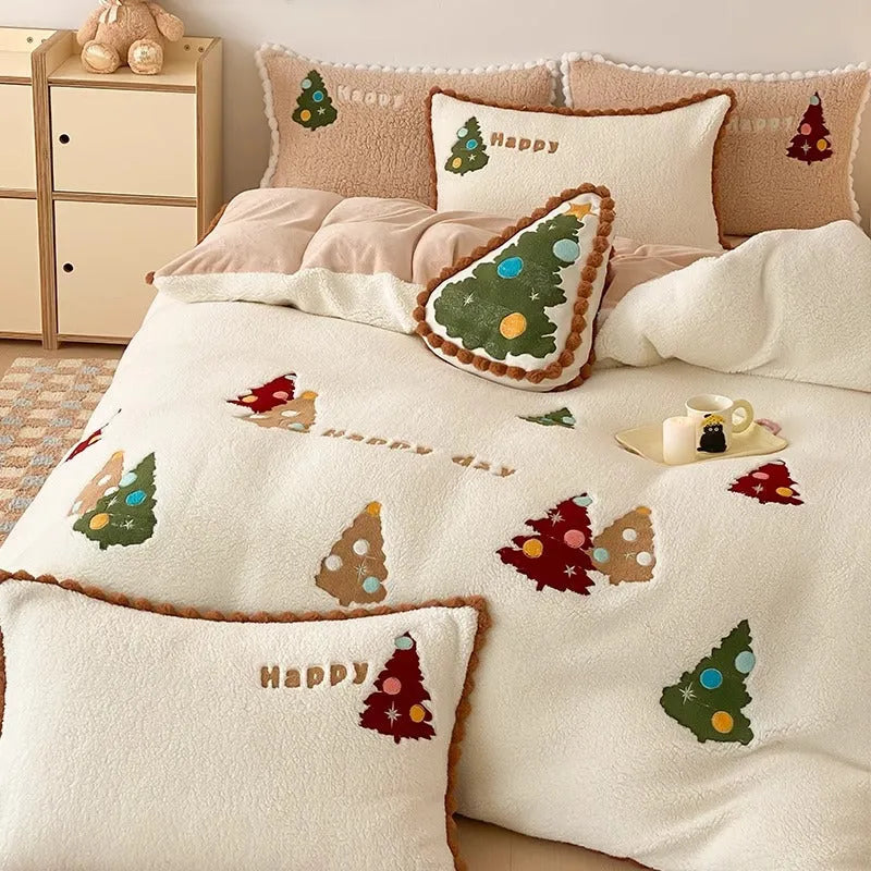 Bright yellow Christmas tree cartoon bedding set with fleece lining on bed