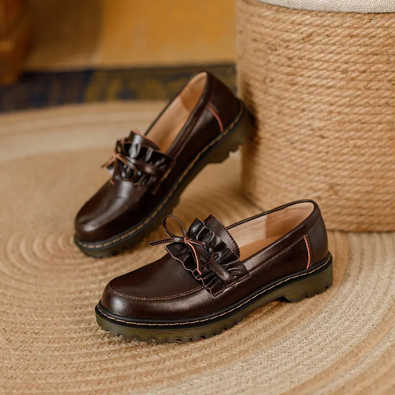 British style round head chunky low heel women's leather shoes in black and brown colours