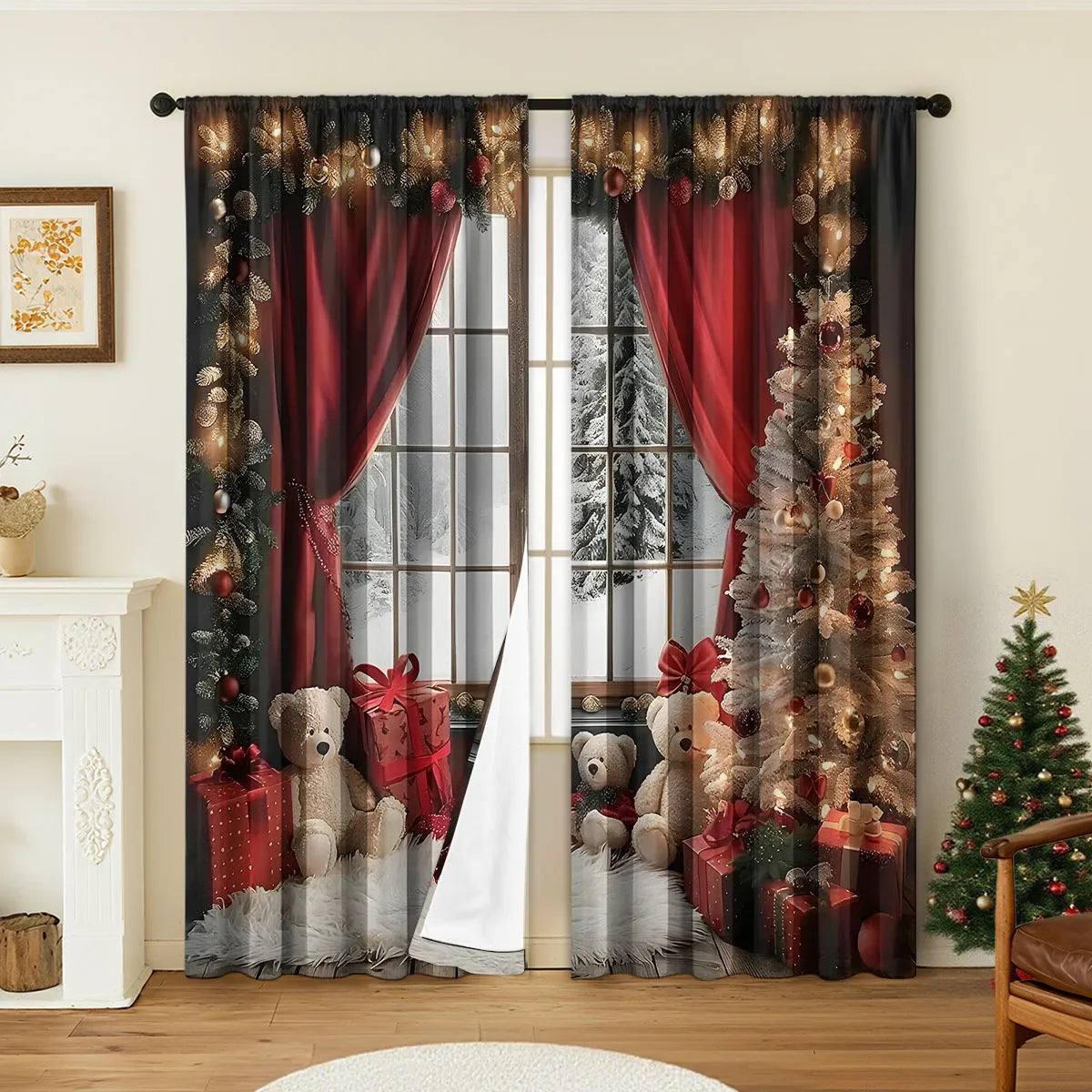 Pair of 3D digitally printed Christmas curtains in European style design on polyester fabric