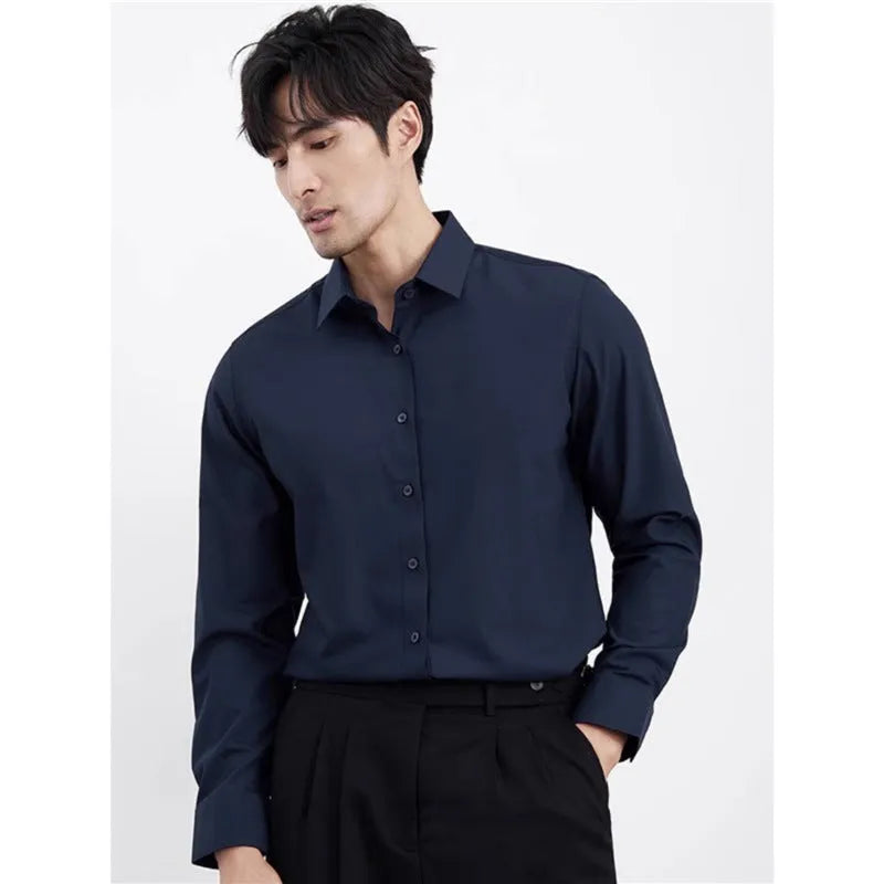Men's wine red slim fit long sleeve cardigan shirt laid flat, showing plain colour and button front.