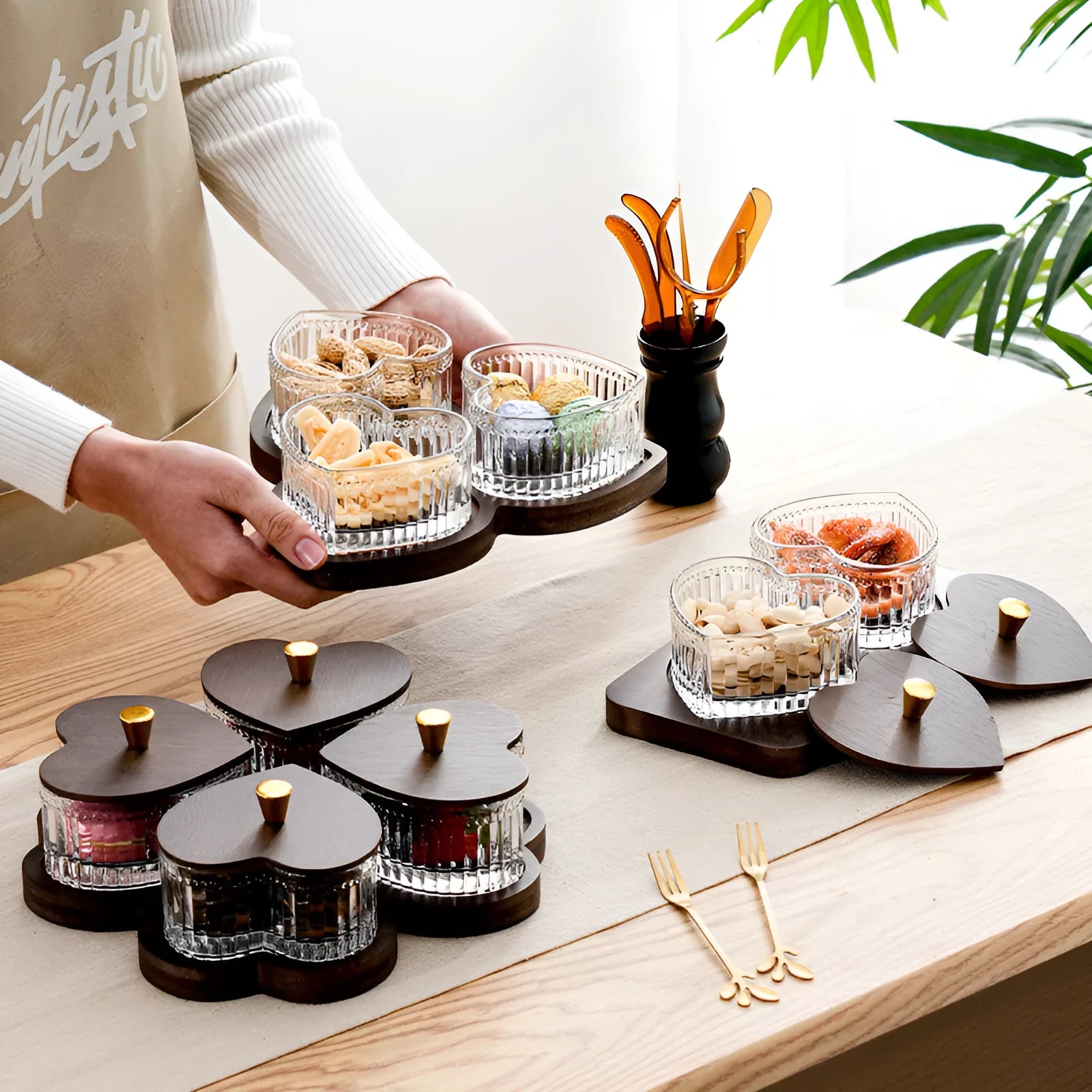 Glass snack platter with heart-shaped lids and multiple grid compartments in retro style