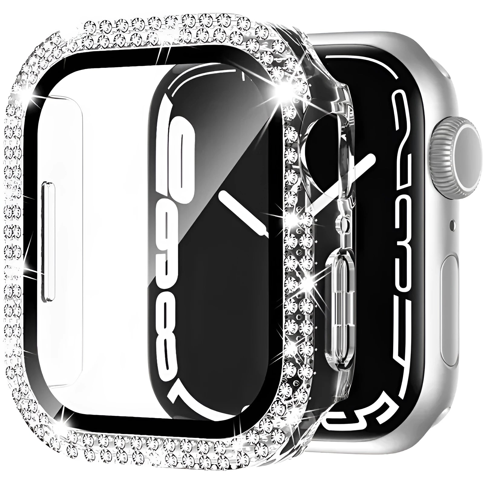 Apple Watch case with double diamond glass in rose pink, gold, silver, transparent, black, Starlight, and rose gold colours.