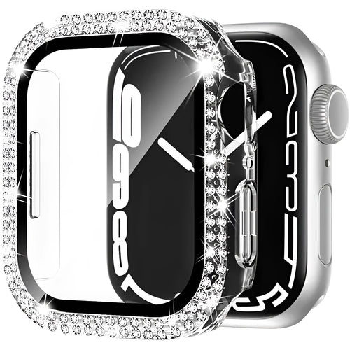 Apple Watch case with double diamond glass in rose pink, gold, silver, transparent, black, Starlight, and rose gold colours.