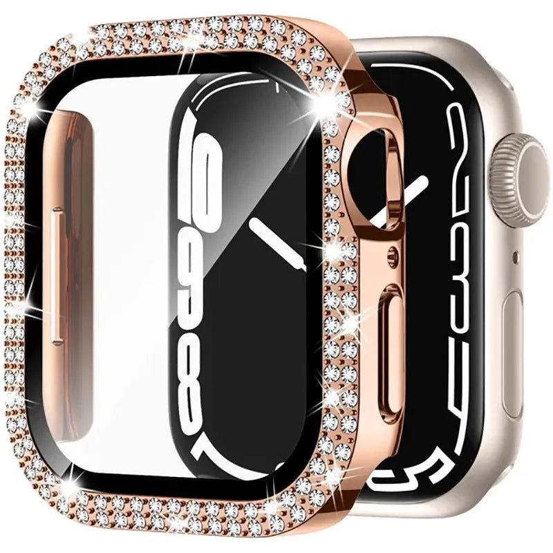 Apple Watch case with double diamond glass in rose pink, gold, silver, transparent, black, Starlight, and rose gold colours.