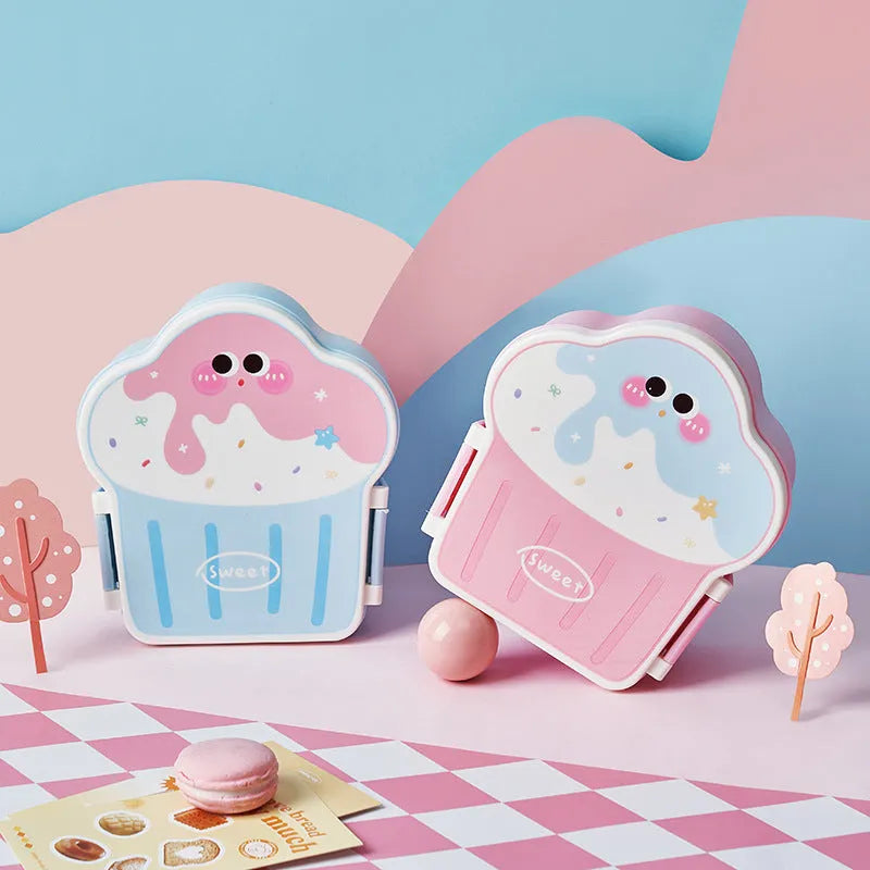 Pink and blue creative ice cream shaped plastic lunch box with spoon and fork set