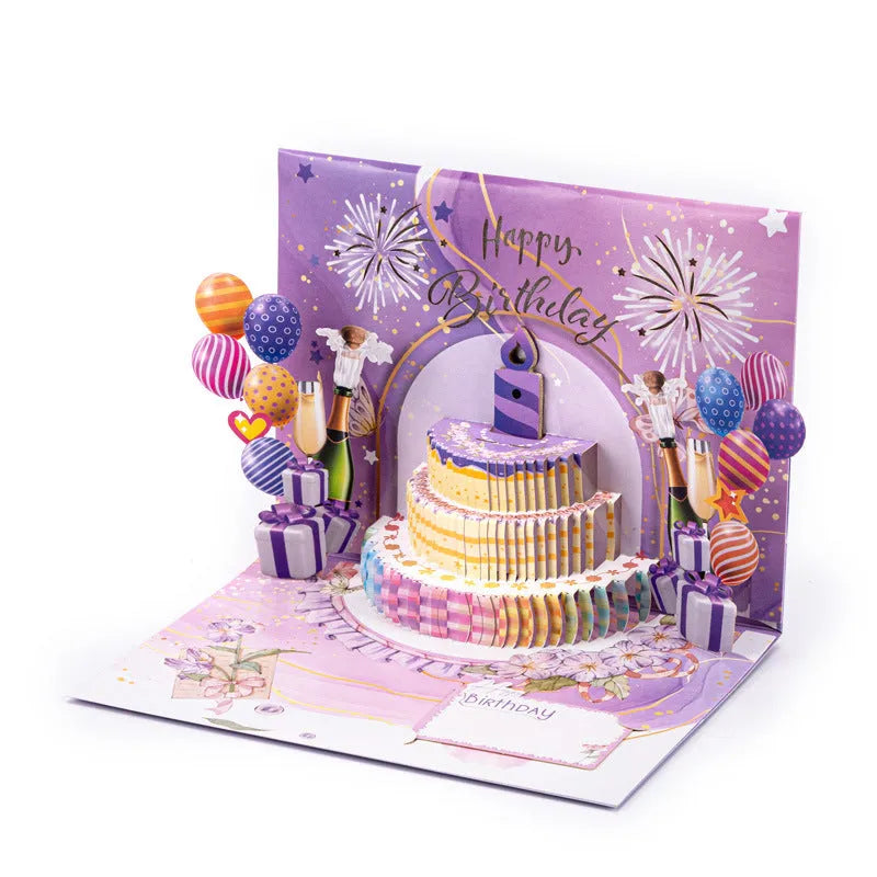 Handmade 3D paper cake greeting card in Chinese ink style, showing light music blowing theme.