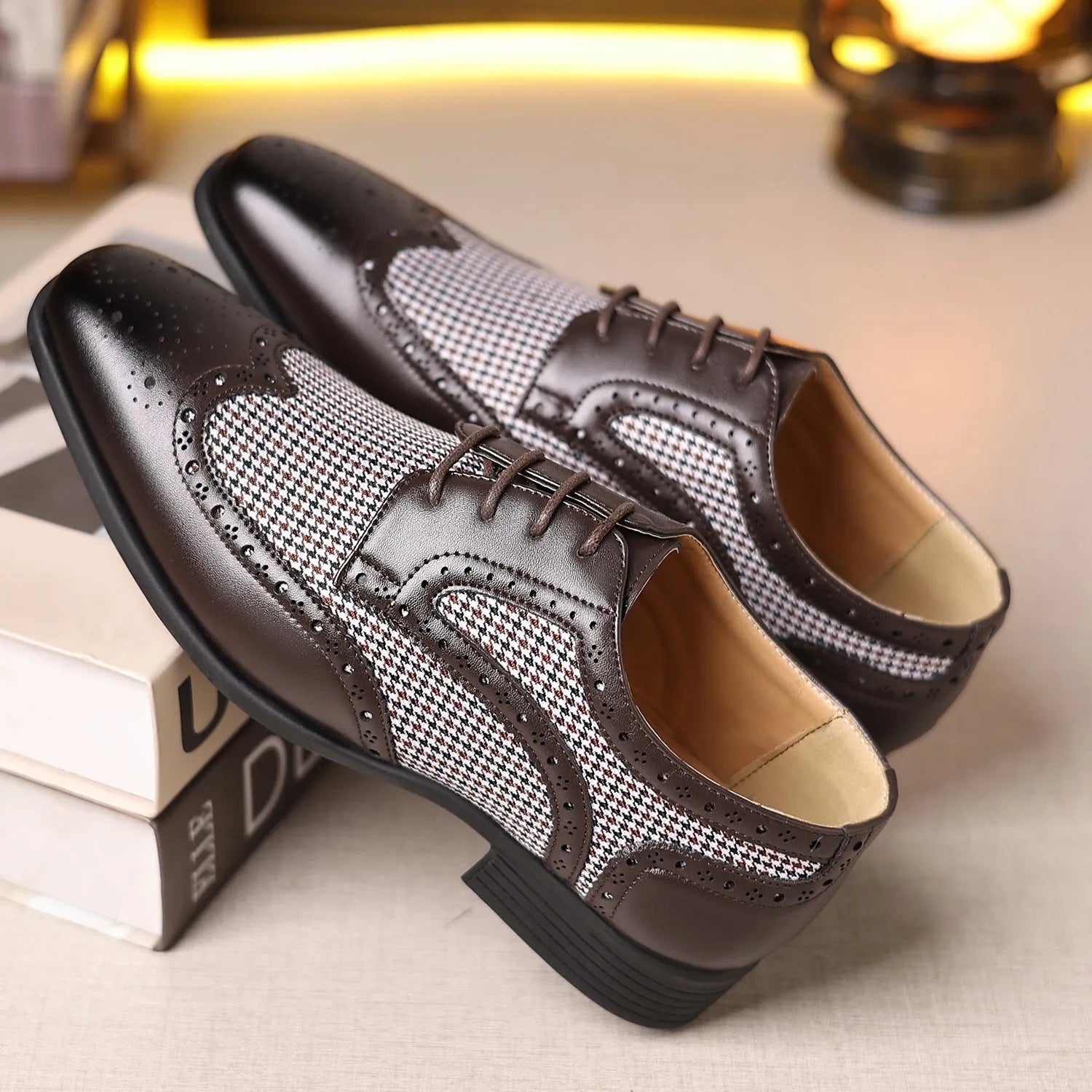 Men's black houndstooth plaid casual shoes with canvas upper, square toe, and rubber sole