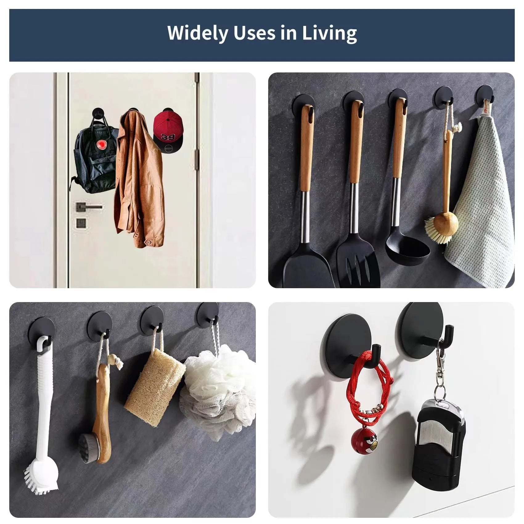 Two stainless steel self-adhesive hooks on a surface, one black and one polished.