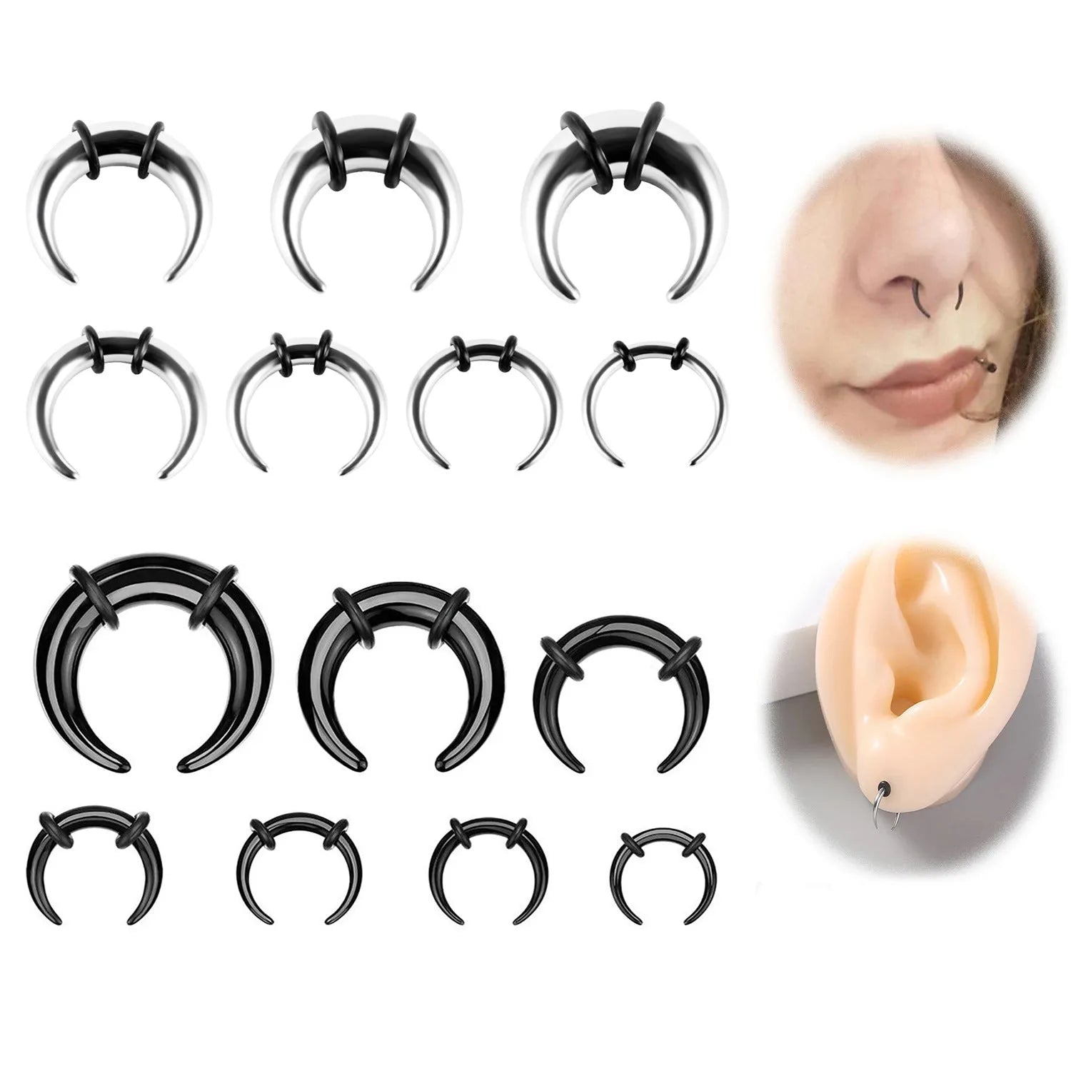 316 stainless steel C-shaped buffalo horn nose ring in black and steel colour on grey background.