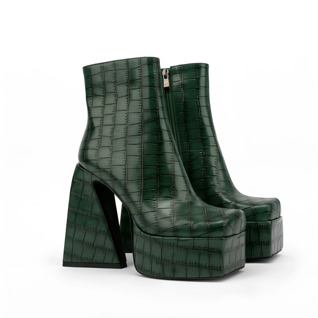 Women's high heel ankle boot in artificial PU, shown in a solid colour with a heel over 8cm high.