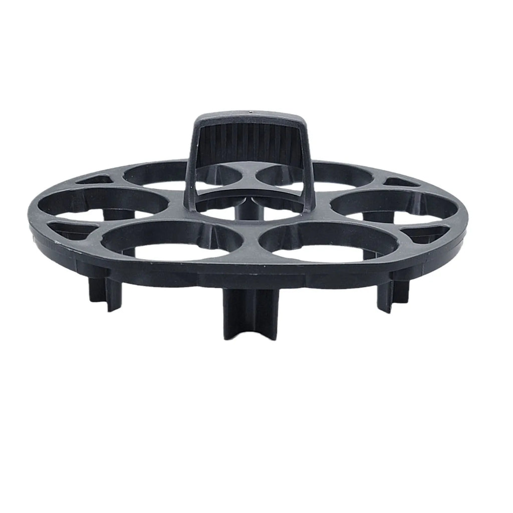 Black plastic egg holder basket on a kitchen countertop, showing its 13.8 cm length and retainer design.
